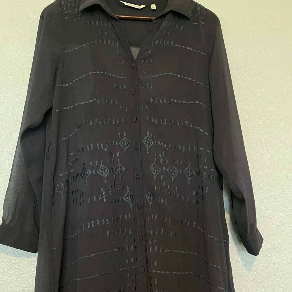 Soft Surroundings Ibiza maxi dress‎ Sz XS Slate Gray Embroidered Sheer Boho Chic